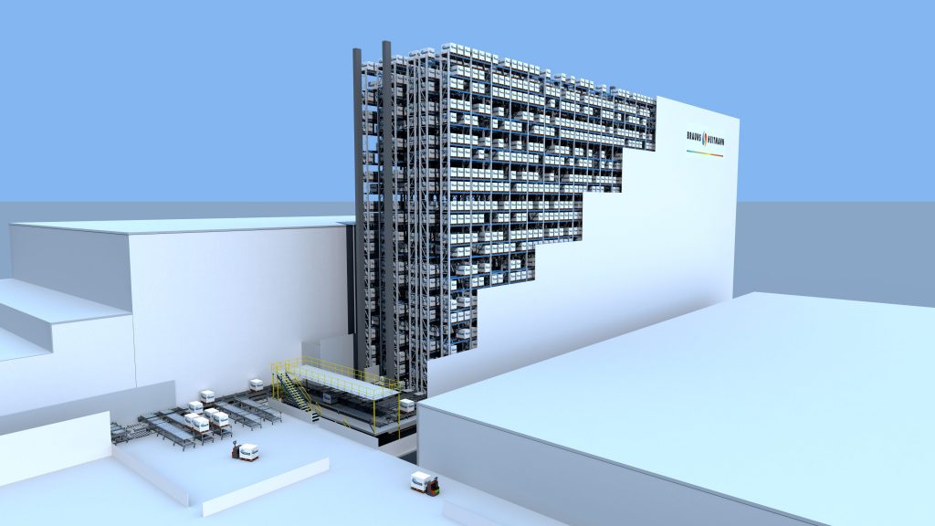 Neue Lagerkapazität in einer Baulücke: Auf nur 1.350 Quadrat-
 		metern entsteht ein automatisiertes Hochregallager für 10.000 
 		Paletten.